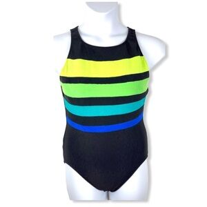 Color Block Stripe Textured One Piece High Neck Keyhole Back Swimsuit - Vintage